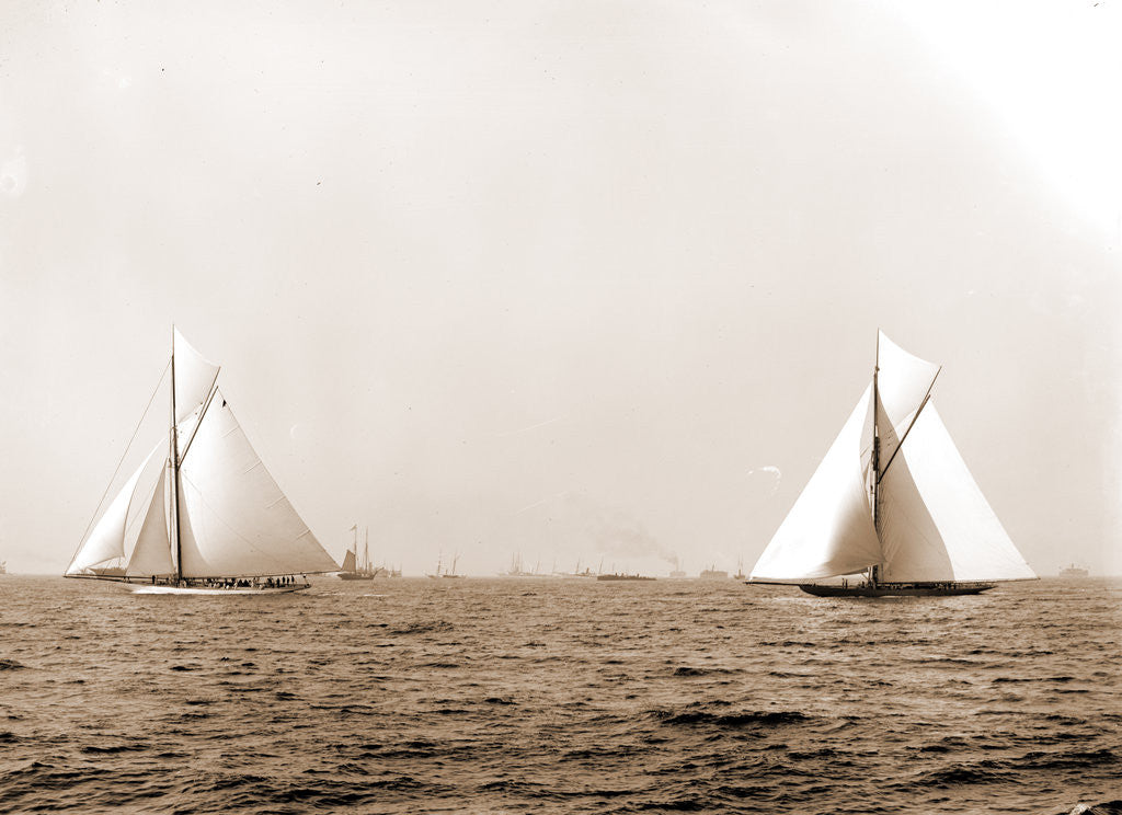 Detail of Columbia and Shamrock I, the start, Columbia (Sloop), Shamrock I (Yacht) by Anonymous