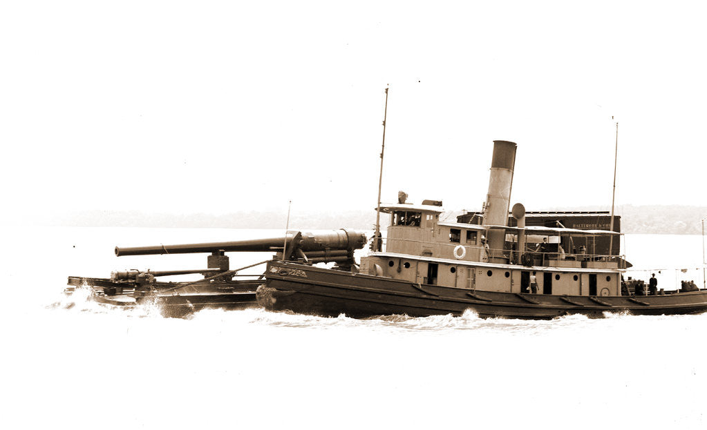 Detail of Tugboat with barge carrying cannon, Tugboats by Anonymous