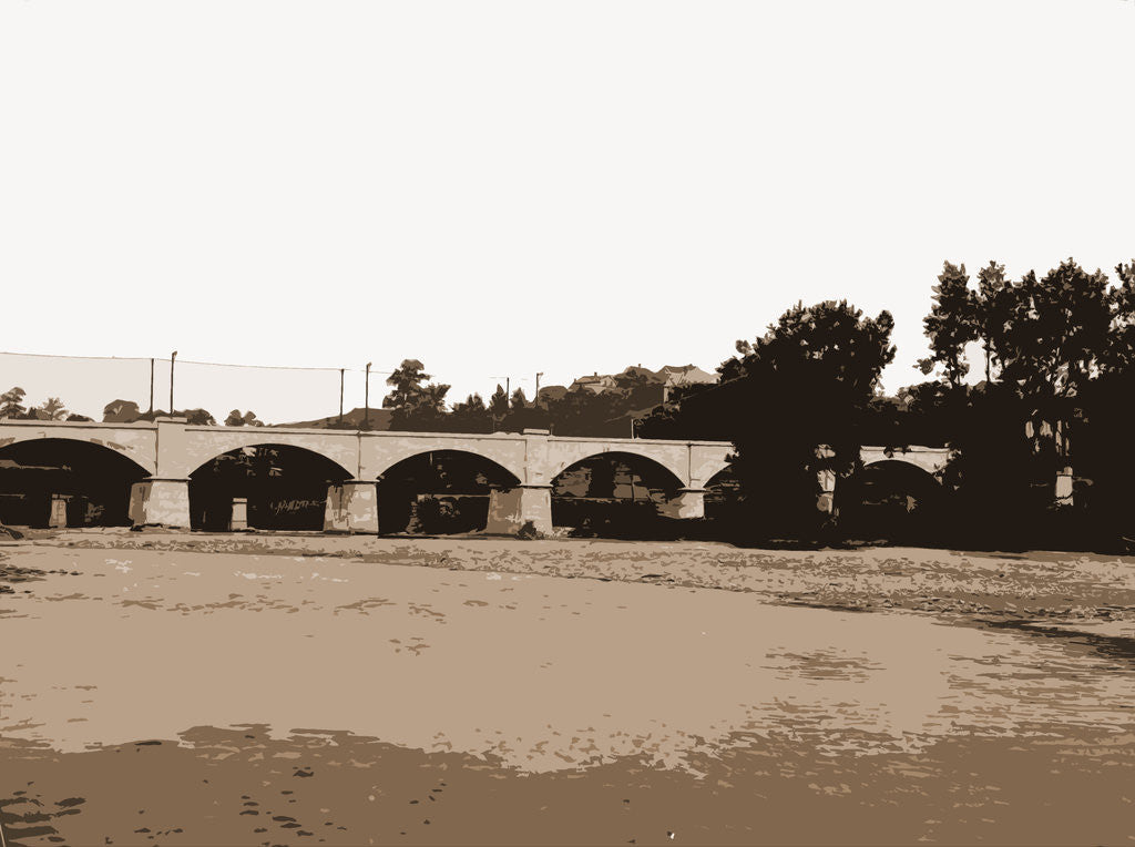 Detail of Railroad bridge and arched bridge over river, Bridges by Anonymous