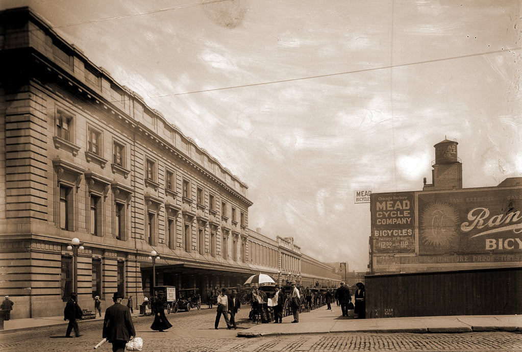 Detail of Railroad station (Chicago & North Western) and Mead Cycle Company, Chicago by Anonymous