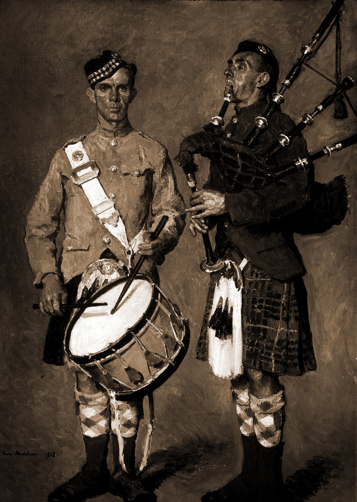 Detail of Drummer and bagpipe player in Scottish uniform, Melchers by Anonymous