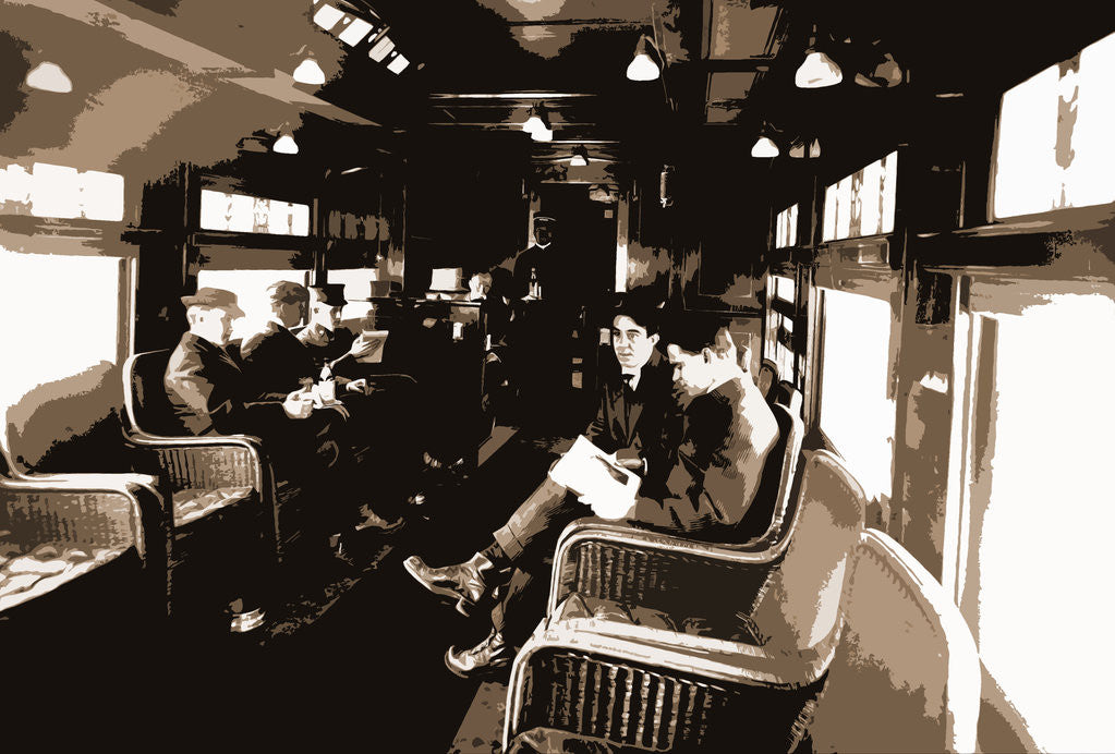 Detail of Buffet library car on a deluxe overland limited train, Railroad dining cars by Anonymous