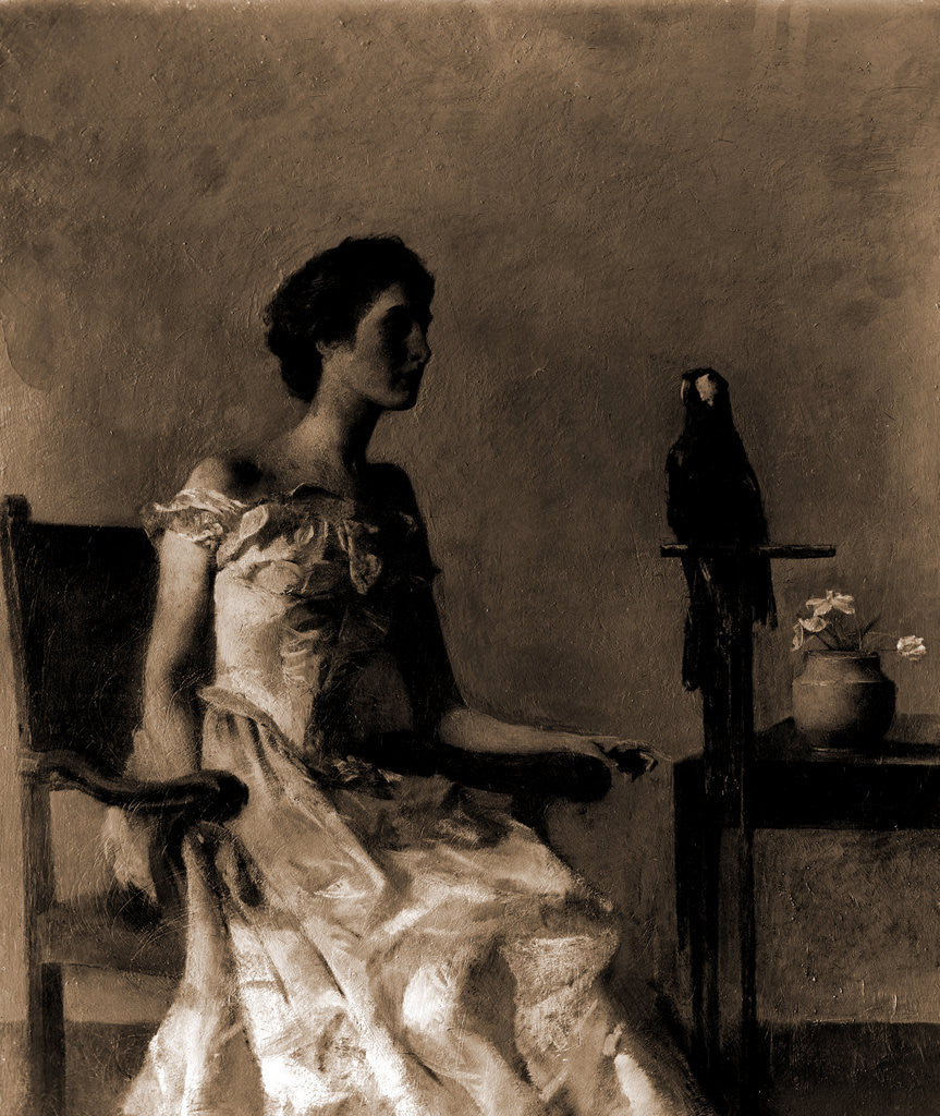 Detail of Lady sitting on chair next to parrot by Thomas Wilmer Dewing