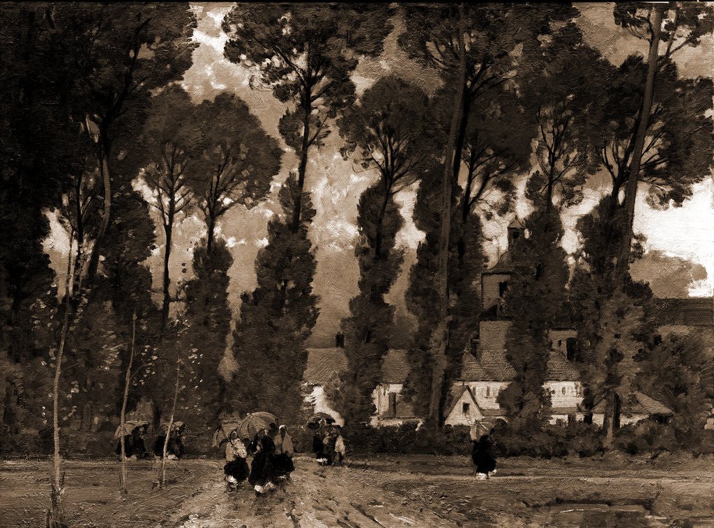 Detail of Women with umbrellas walking and trees in background by Sir Alfred East