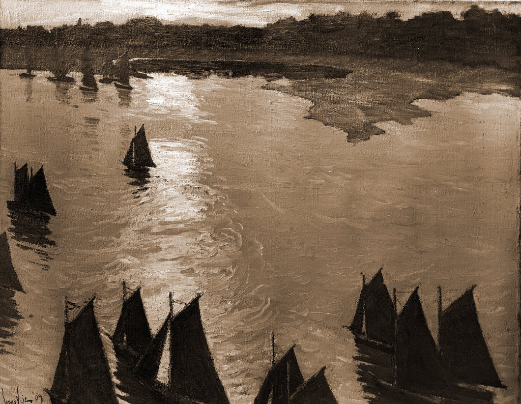 Detail of Fishing boats at sunrise by Jonas Lie
