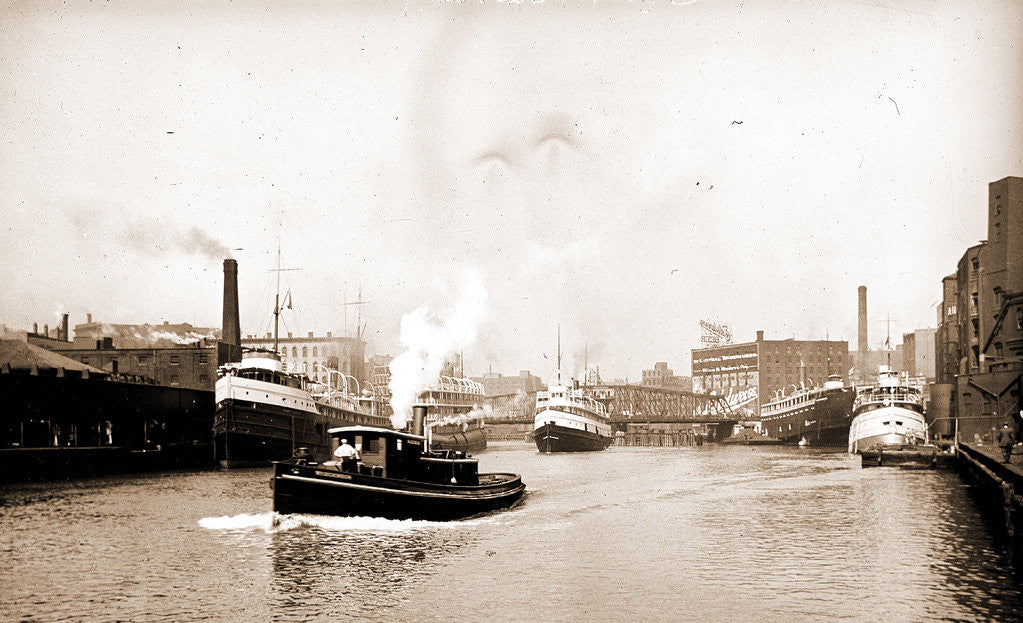 Detail of Chicago River scene with steamboat and industrial waterfront by Anonymous