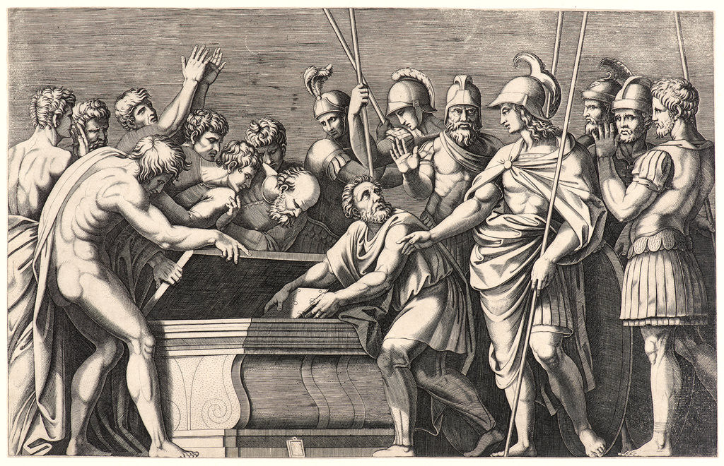 Detail of Alexander the Great Preserving the Works of Homer in Achilles' Sarcophagus, ca. 1512-1530 by Marcantonio Raimondi