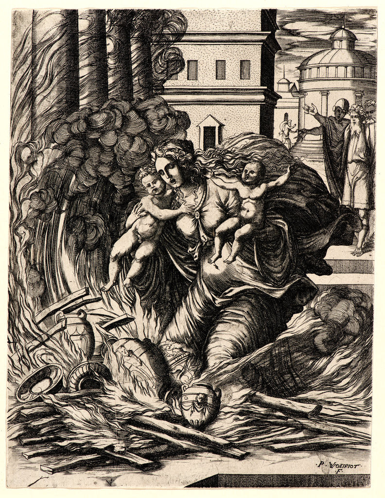 Detail of The Widow of Hasdrubel Throwing Herself on the Funeral Pyre by Pierre Woeiriot