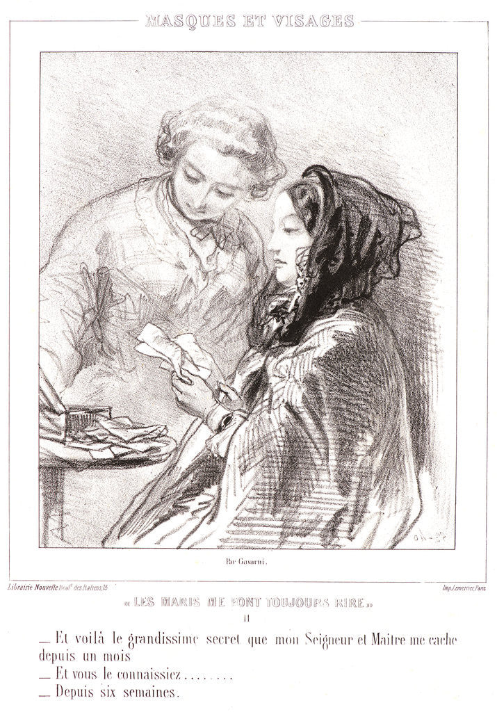 Detail of And here is the enormous secret that my husband has been hiding from me for a month. And you knew about it?... For six weeks by Paul Gavarni