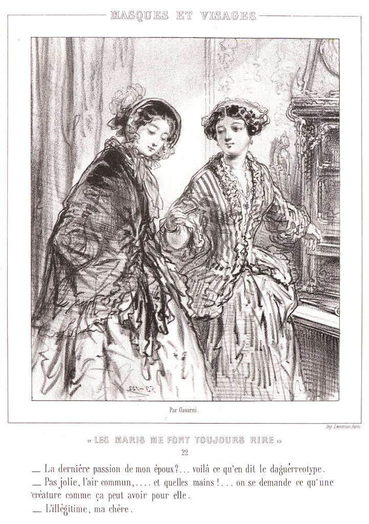 Detail of My husband's last passion? See what the daguerreotype says. Not pretty, a common air, and what awful hands...one wonders what a creature like that has going for her. Illicitness, my dear. by Paul Gavarni
