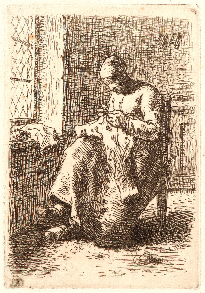 Detail of Woman Sewing (La Couseuse), ca. 1855-1856. Counterproof etching printed in dark brown ink by Jean-François Millet
