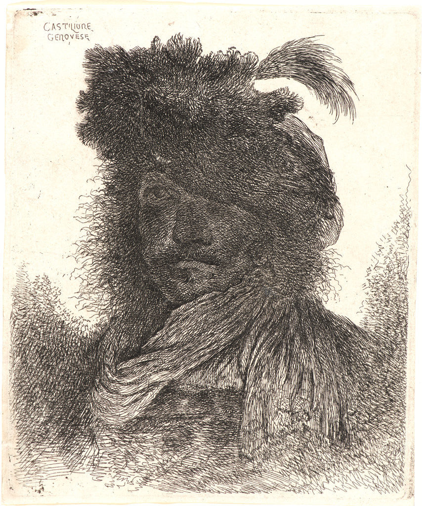 Detail of Head of Man Wearing a Fur Cap with a Plume, ca. 1648-1650 by Giovanni Benedetto Castiglione