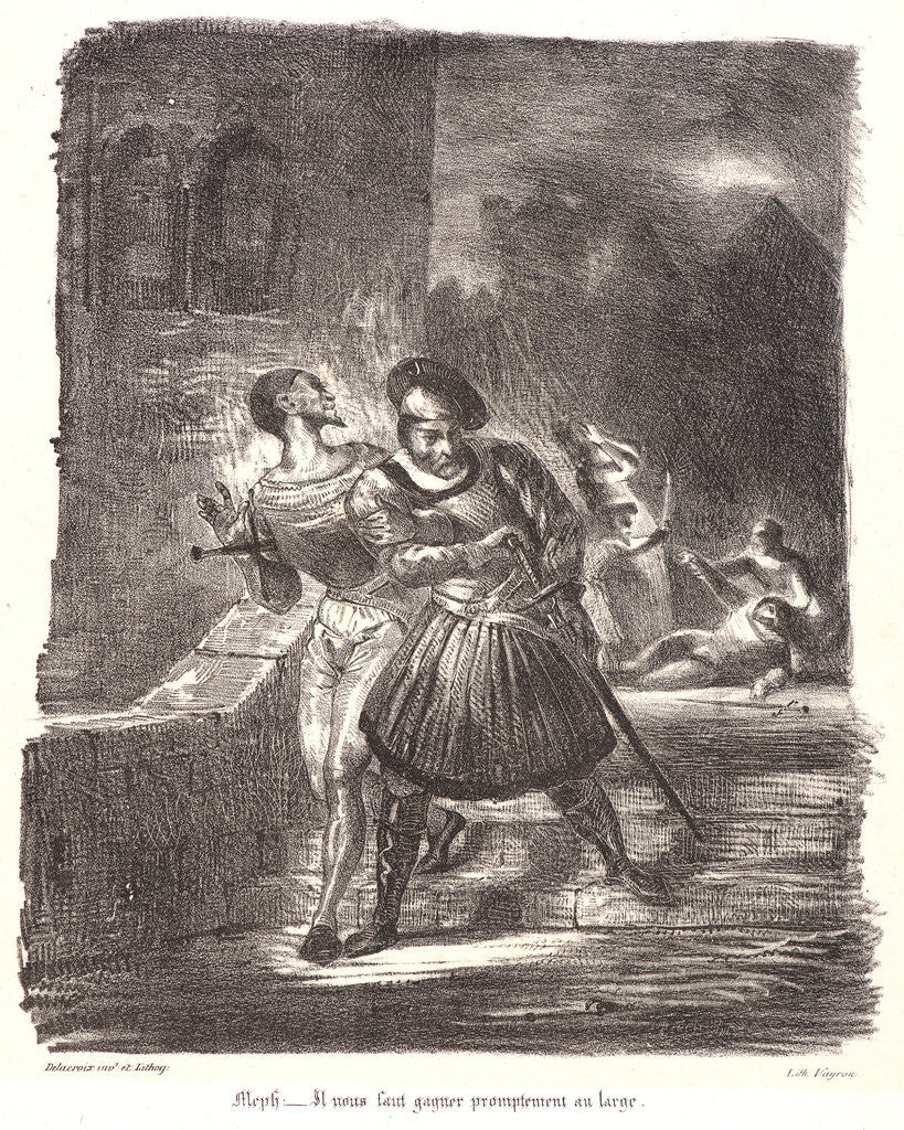 Detail of Mephistopheles and Faust Fleeing after the Duel with the address of Varyon (Méphistophélès et Faust fuyant après le duel avec l’adresse de Varyon), 1828 by Eugène Delacroix