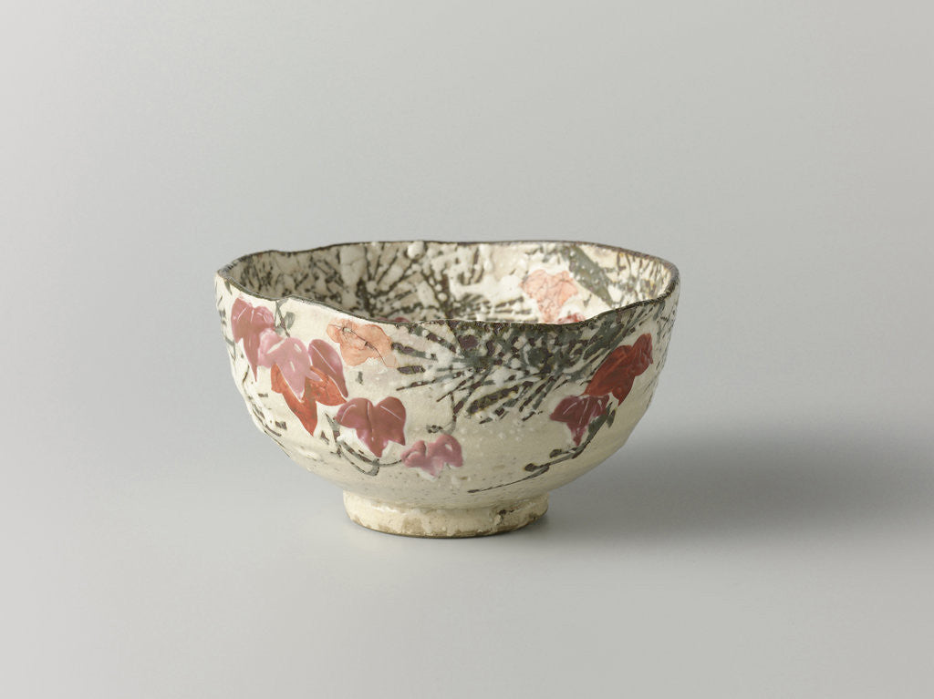 Detail of Tea bowl with a backdrop of pine, maple leaves and snow by Anonymous