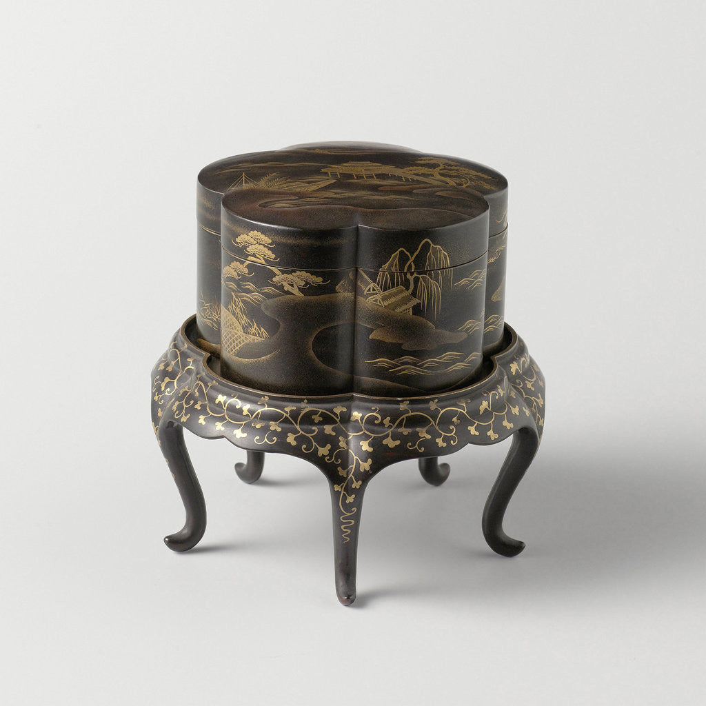 Detail of Box, lobed, loose foot, gilded landscapes on black ground by Anonymous