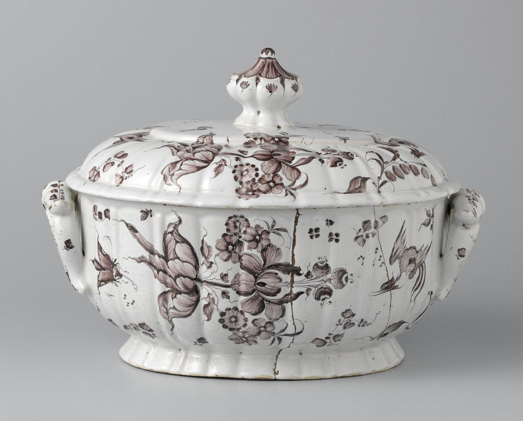 Detail of Terrine with lid, painted with flower sprays, flying birds and stray branches by Anonymous