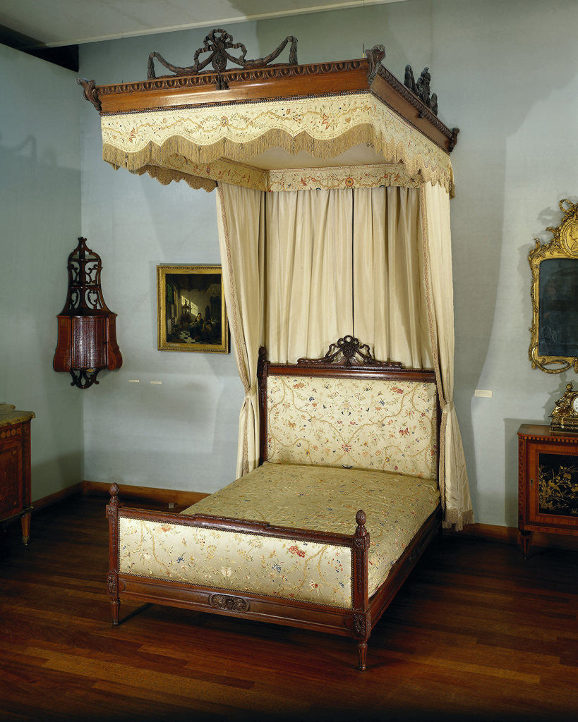 Detail of Bed of oak, with sky and loose curtains by Anonymous