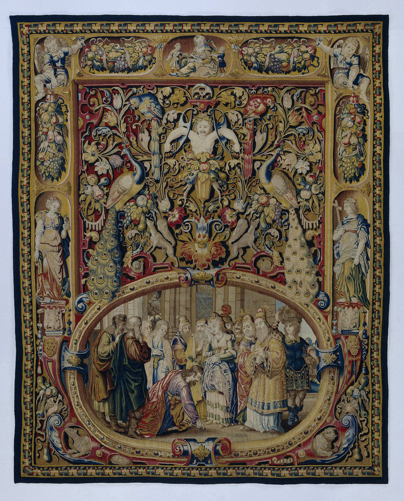 Detail of Christ and the woman taken in adultery, in a cartouche and a grotesque decor by Anonymous