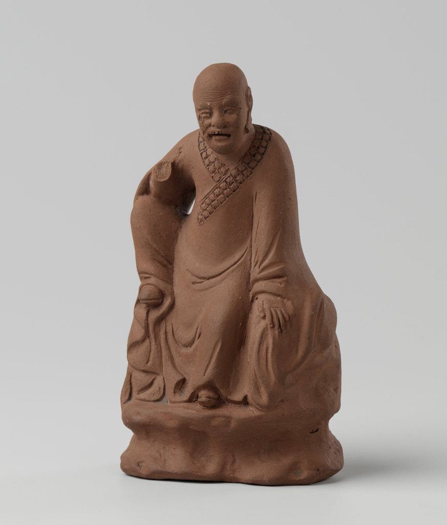 Detail of Man figure with raised right leg on rocky pedestal. Red stoneware. by Anonymous