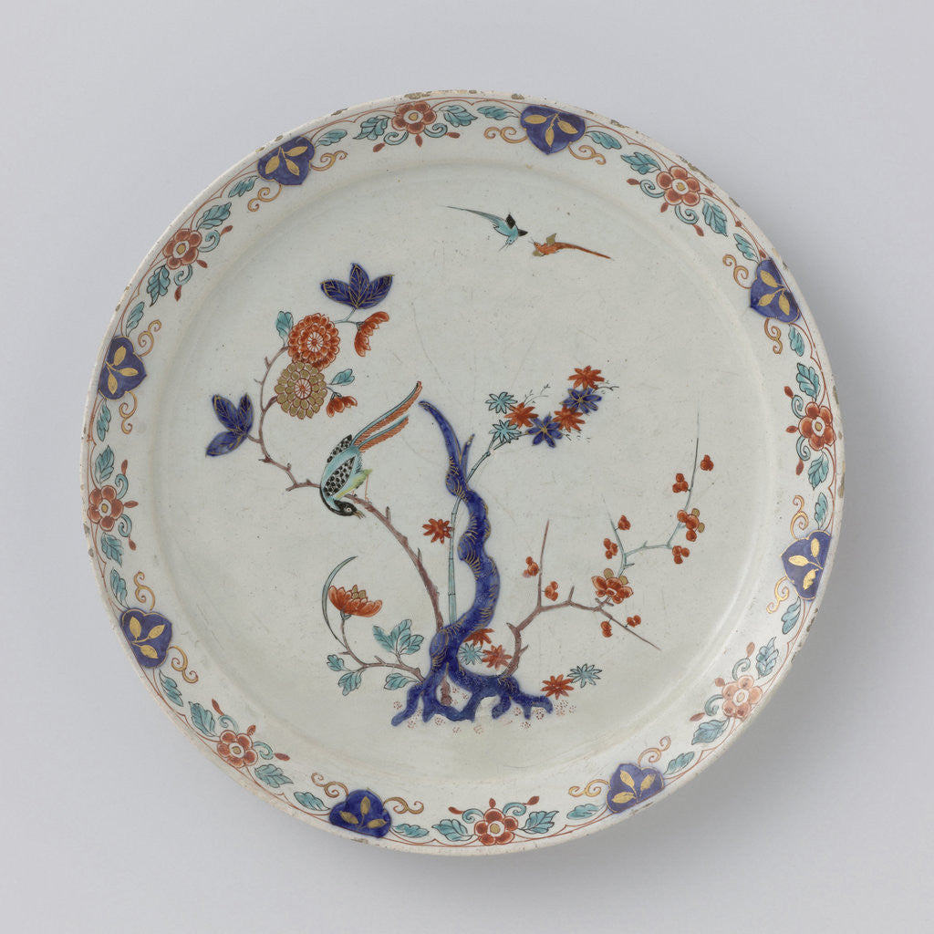 Detail of Plate, the flat painted with flowering branches and birds, Jacob van der Kool by Anonymous