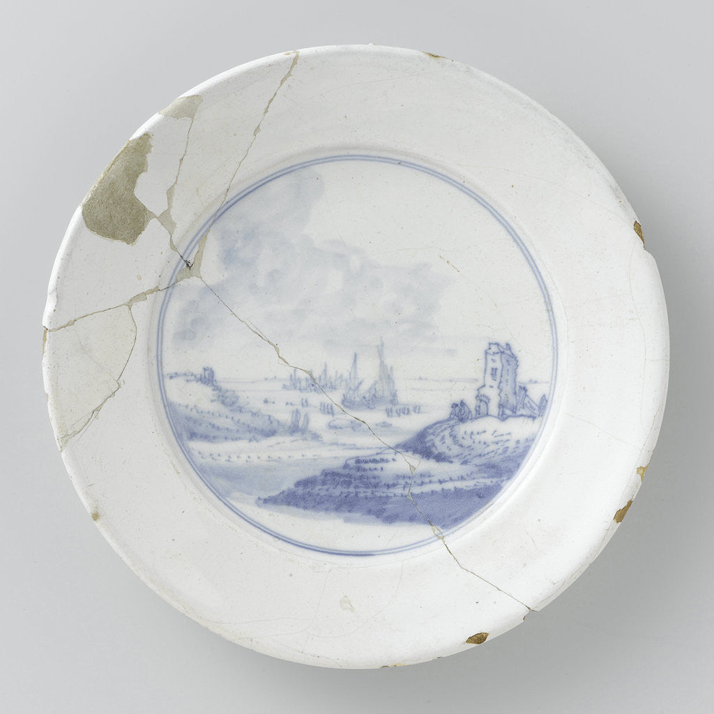 Detail of Plate with the flat face in blue river with ships by Anonymous