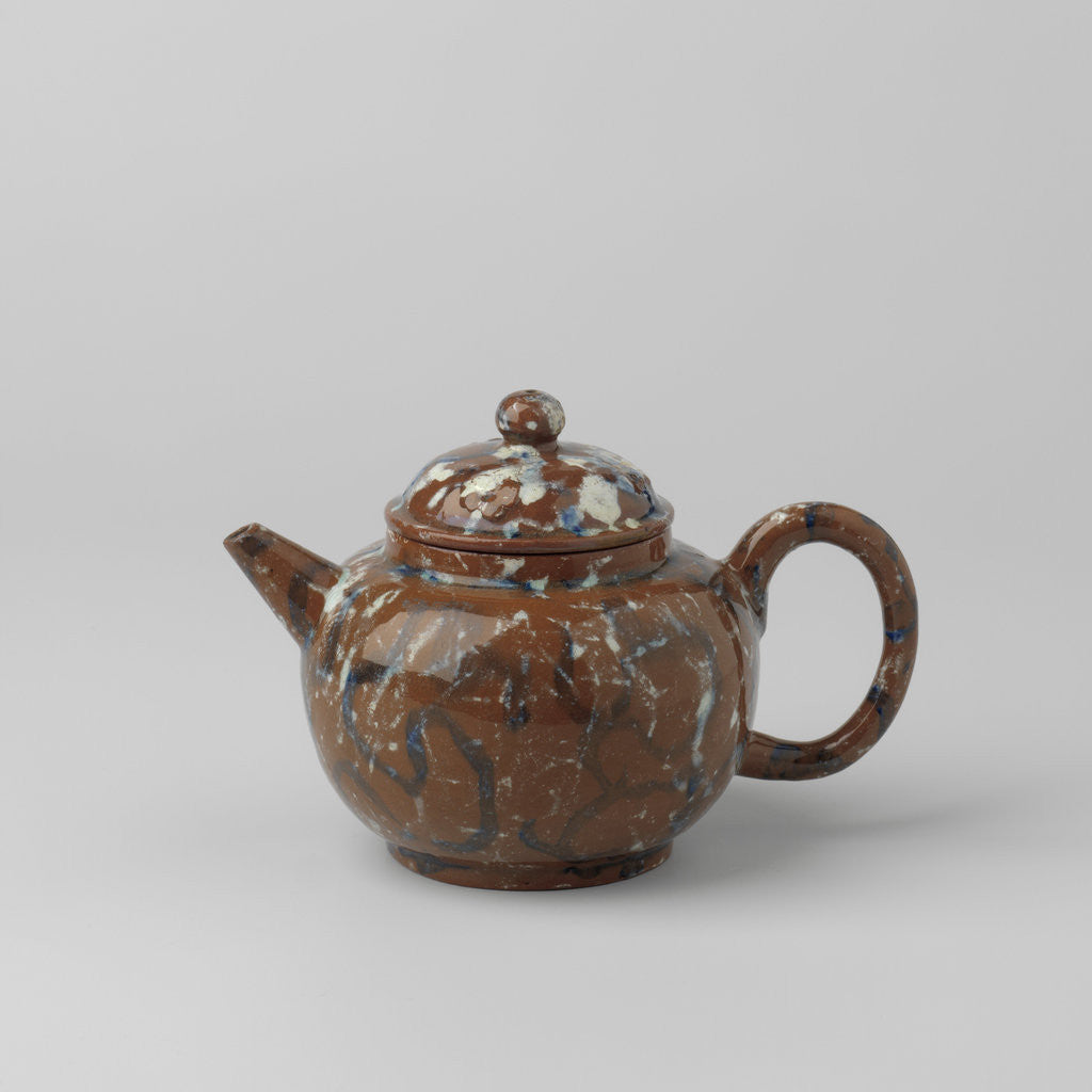 Detail of Teapot with lid, blue-white marbled. The lid features three rosettes in relief. by Anonymous