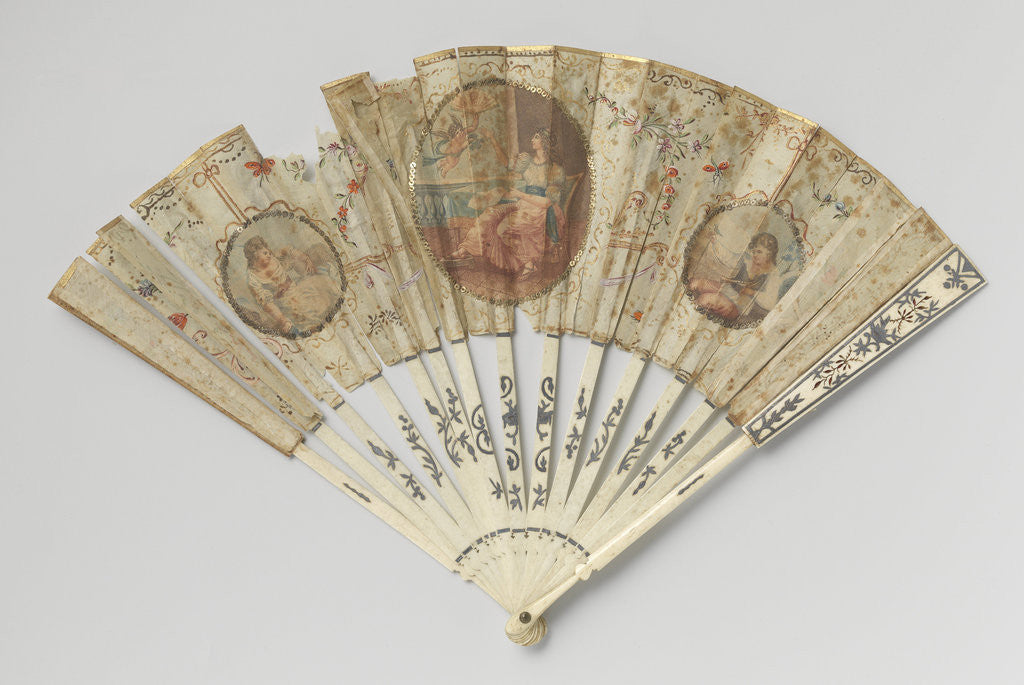 Detail of Folding fan with blade side to a medallion seated lady with fan and putti painted by Anonymous