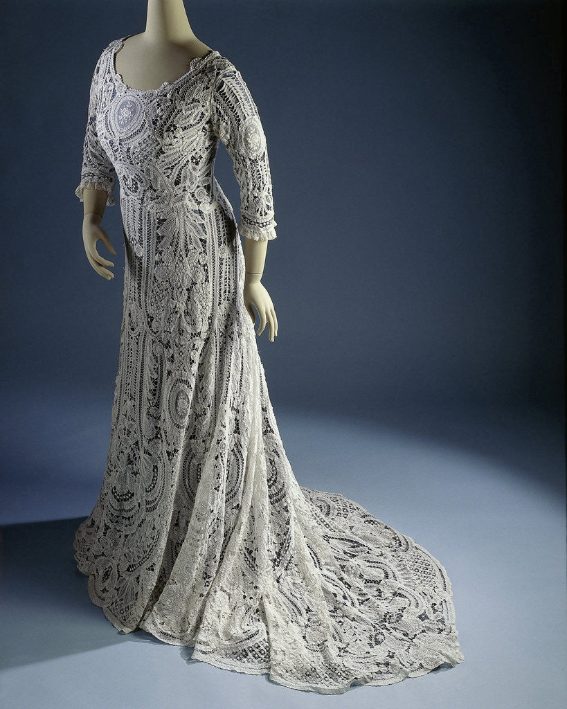 Detail of Gown with half sleeves and drag, cotton lace with needle lace fillings by Anonymous