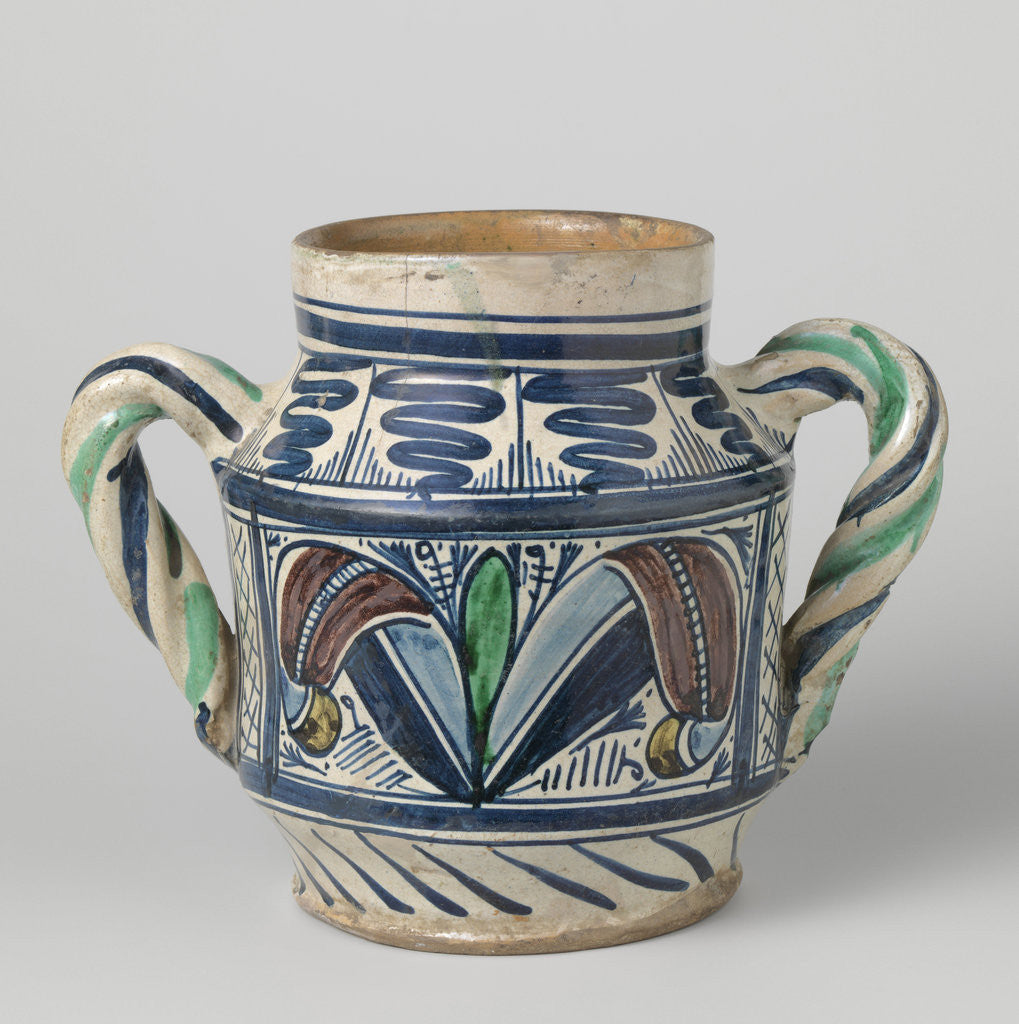 Detail of Pot, cylindrical, multicolor painted on both sides of the belly a box with a stylized flower or plant by Anonymous