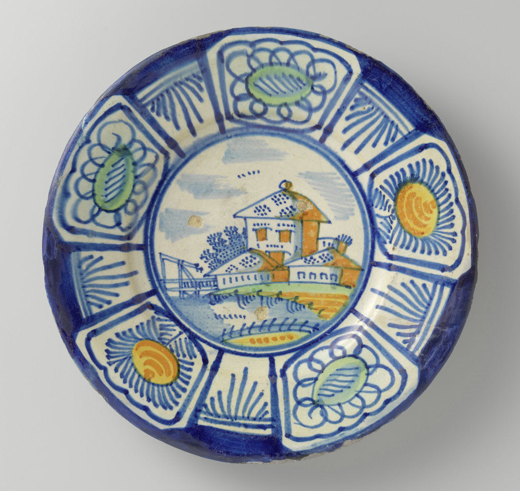 Detail of Plate, polychrome-painted the flat landscape with houses and a drawbridge; edge with five courses a stylized flower. by Anonymous