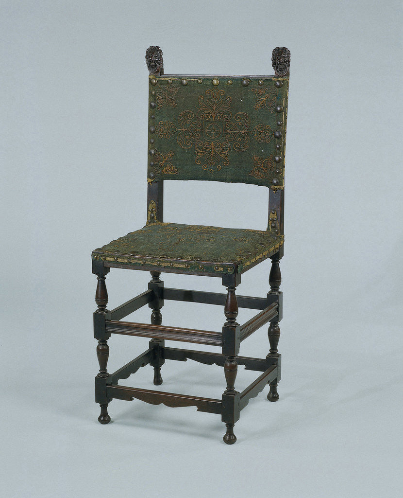 Detail of Rosewood chair, covered with green baize, featuring a decoration of orange cord by Anonymous