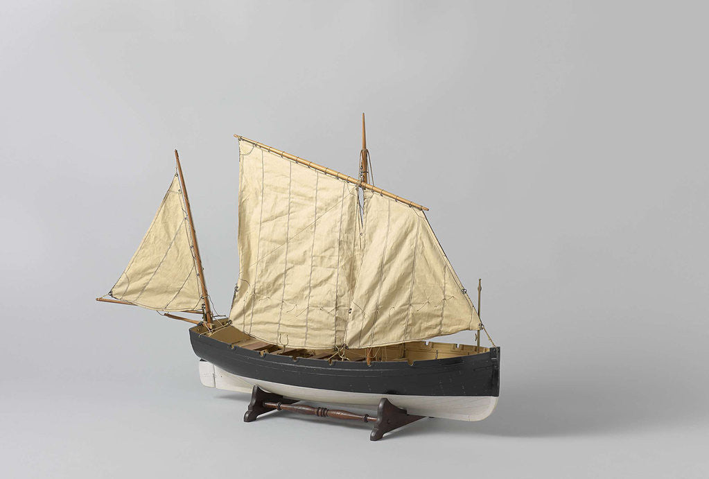 Detail of A one-masted sailing boat with a mainsail and jib rigged fore and aft by Anonymous