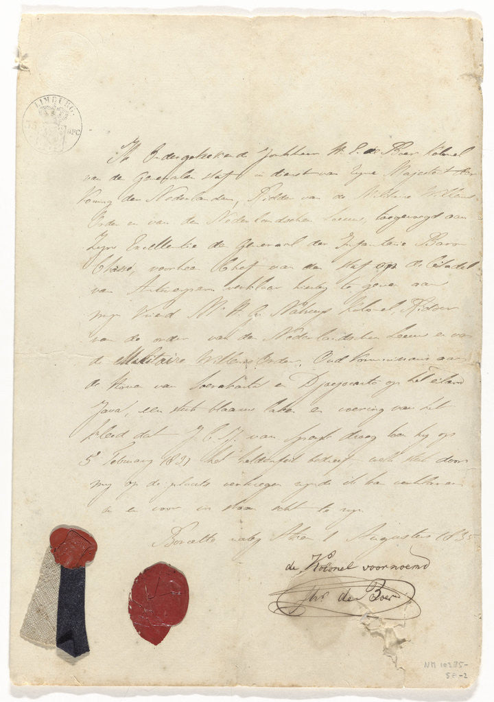 Detail of Piece sheet of uniform of J.C.J. van Speyk with attached credentials by Jonkheer H. E. de Boer