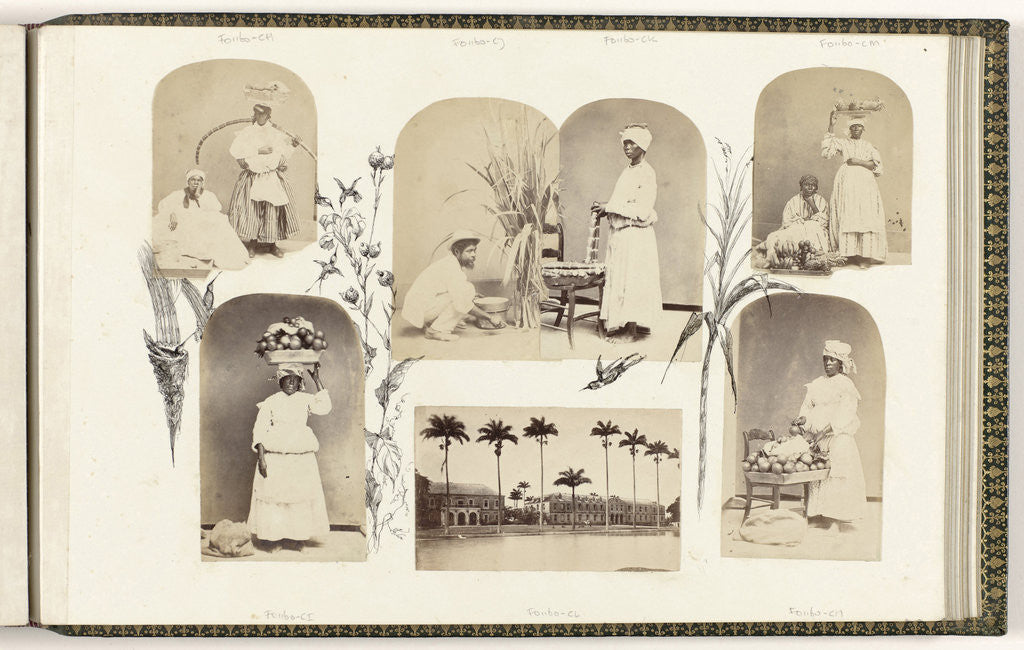 Detail of British Guiana, genre portrait women with fruit on dishes, bordered by drawing flora by Anonymous