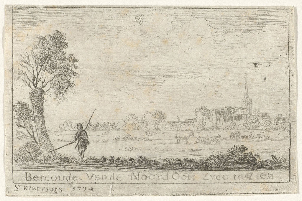 Detail of View of the village Bercoude, with links to the foreground a fisherman at a pollard willow by Simon Klapmuts