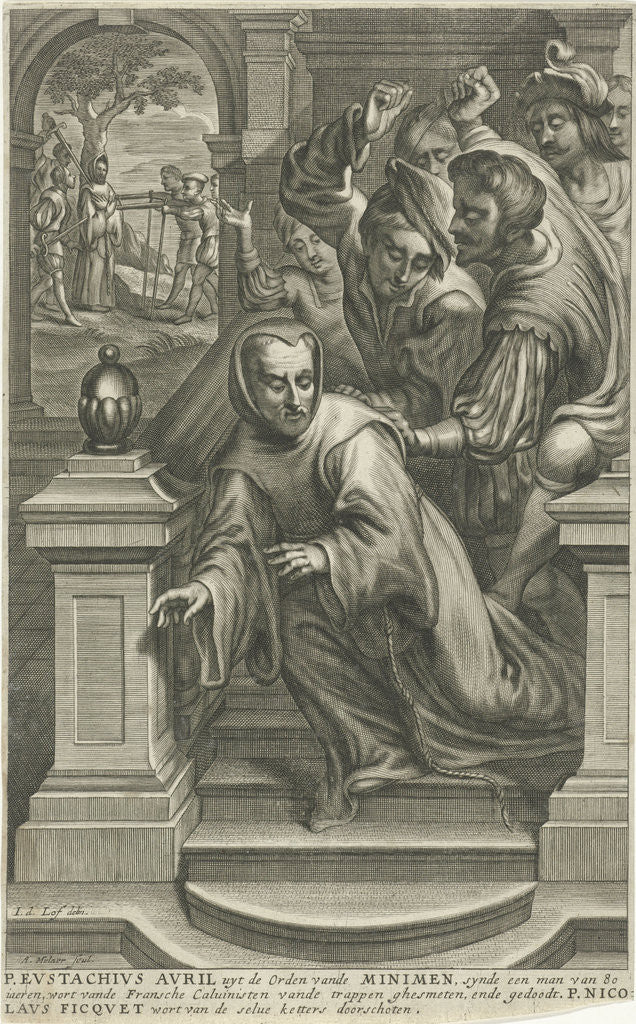 Detail of Eustachian Avril thrown by Calvinists off the stairs by Adriaen Millaert