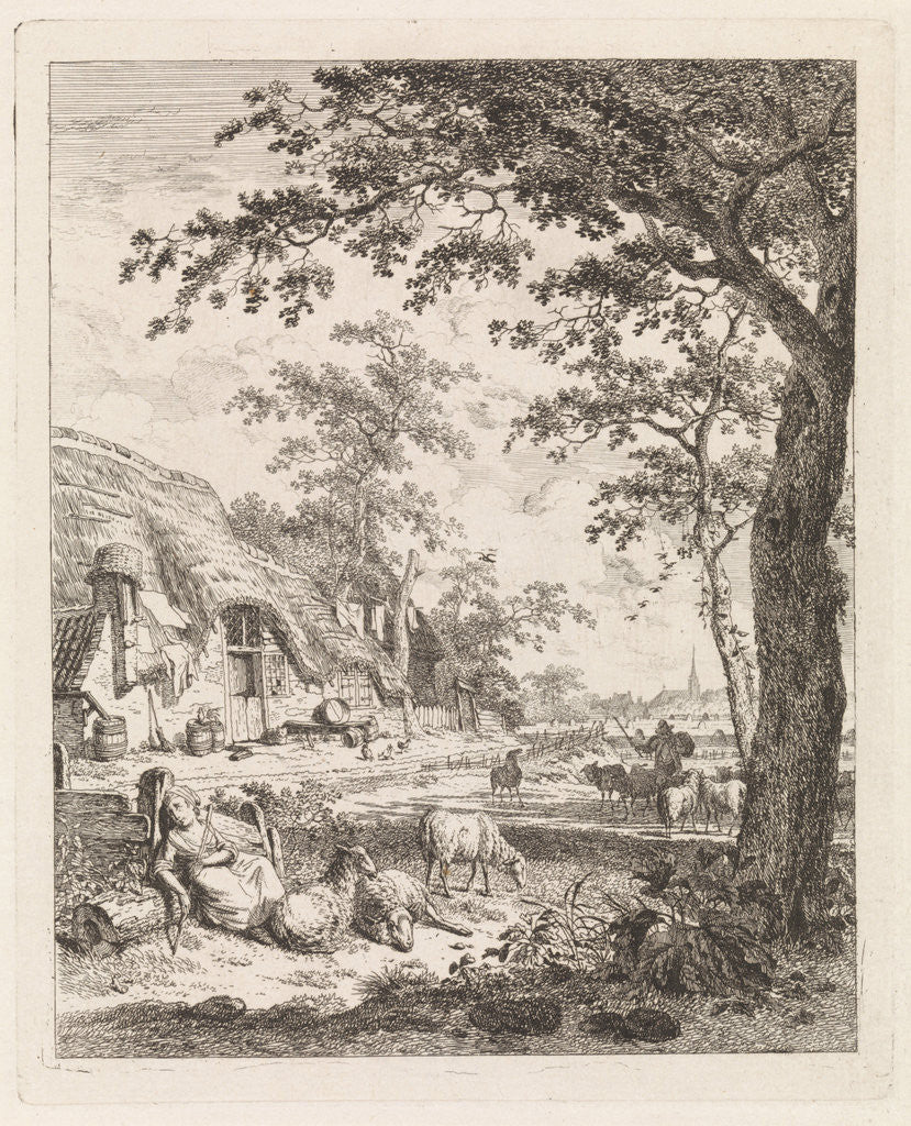 Detail of Shepherdess with sheep on a farm by Leendert Overbeek