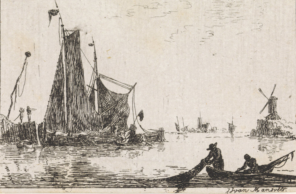 Detail of A river view with in the foreground a boat with fishermen get their nets by Jan Izaak van Mansvelt