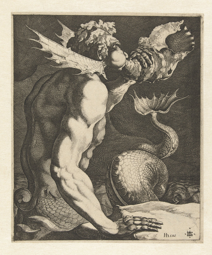 Detail of A triton blowing a conch, Jacob de Gheyn (III) by Hendrick Hondius I