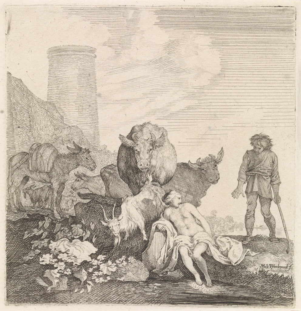 Detail of Woman surprised when bathing by Moyses van Wtenbrouck