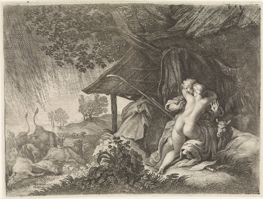 Detail of Shepherd and shepherdess shelter from a storm by Moyses van Wtenbrouck