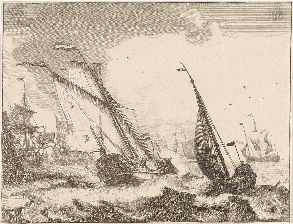 Detail of Ships at sea, Frederik Ottens by Ludolf Bakhuysen