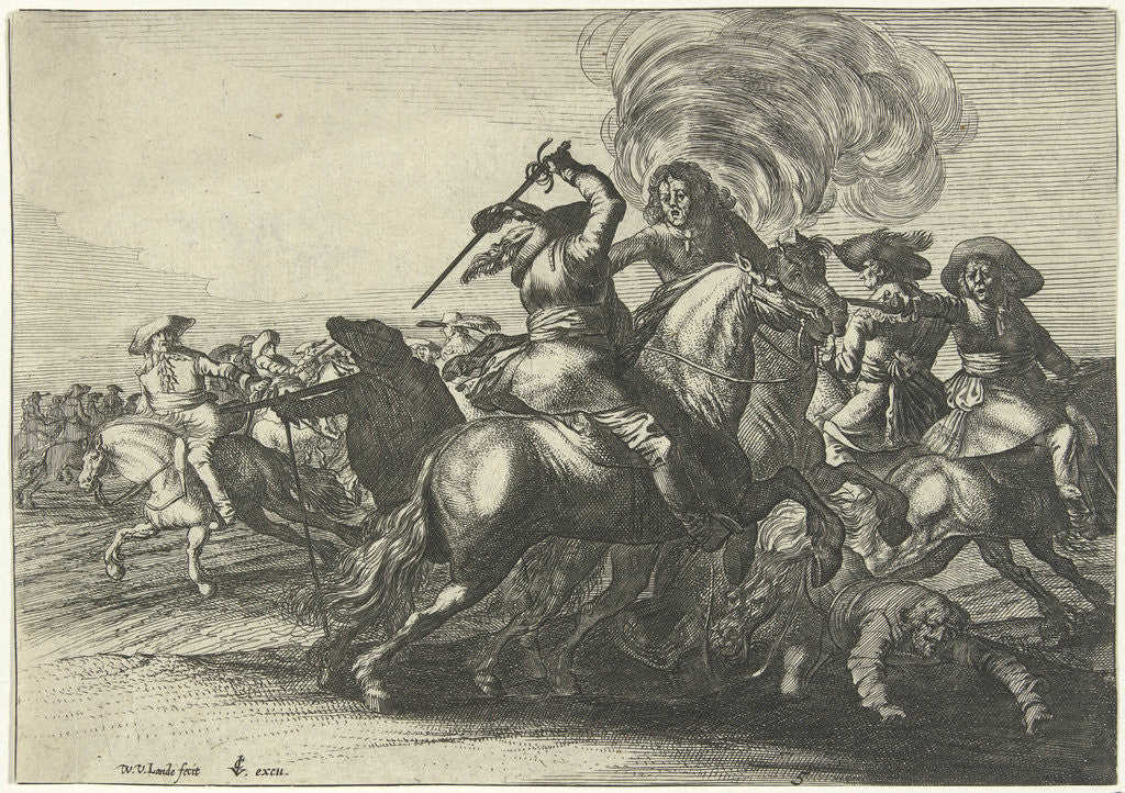 Detail of Battlefield Scene with riders fighting, Willem van de Lande by Claes Jansz. Visscher II