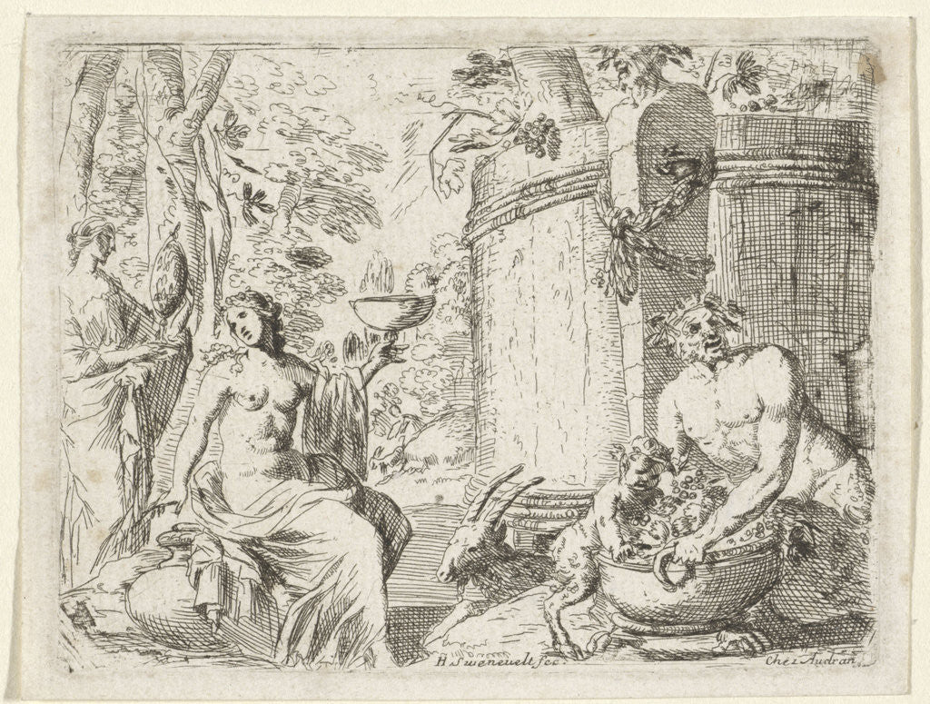 Detail of Two nymphs and two satyrs in a wooden tub, Herman van Swanevelt by Charles Audran