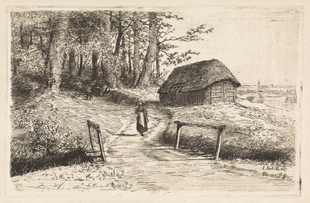 Detail of Landscape with bridge and barn by Elias Stark