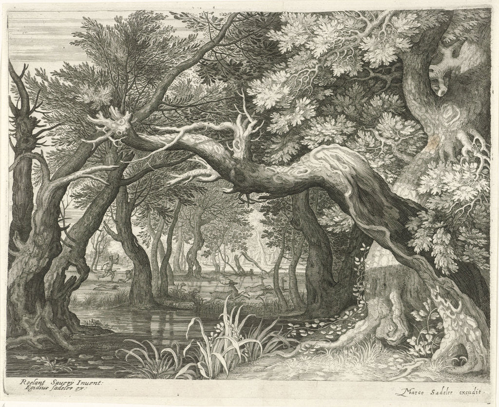 Detail of Deer hunting in a forest lake by Aegidius Sadeler