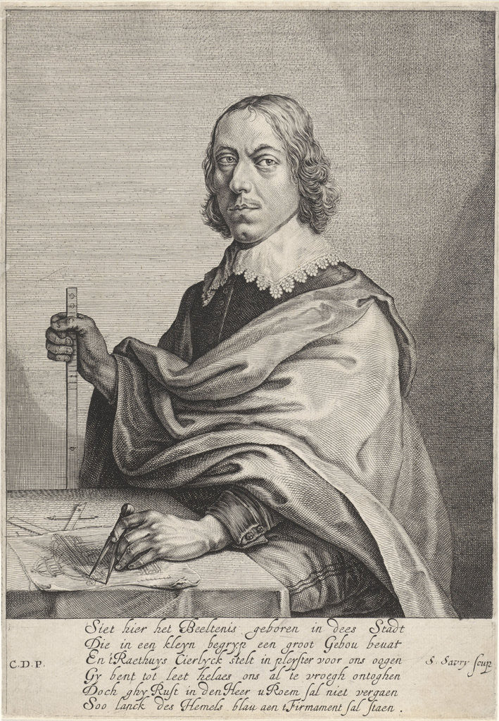 Detail of Portrait of architect Jacob Vennekool with a design for the town hall on the Dam Amsterdam by Anonymous