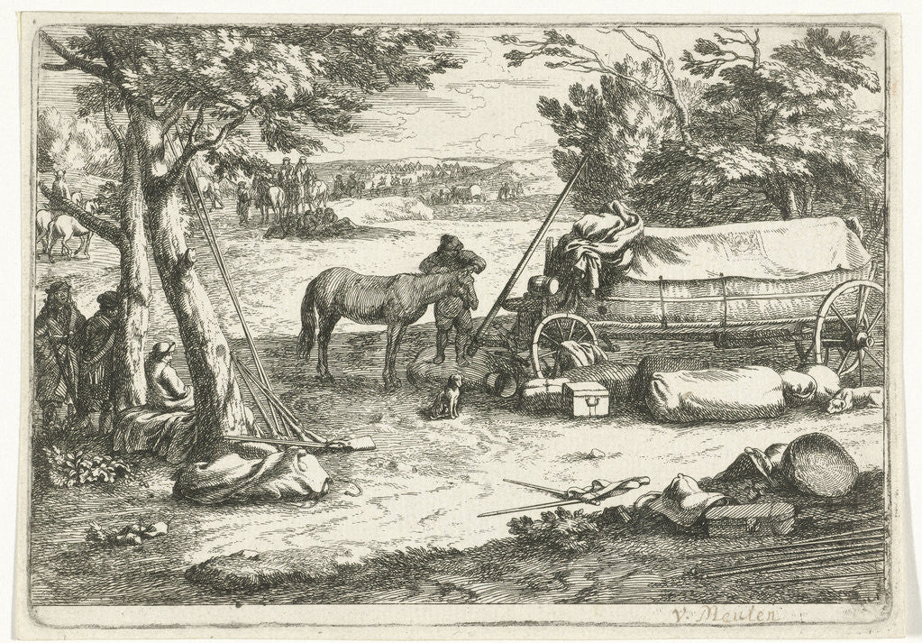 Detail of Landscape with cart and figures, Jan van Huchtenburg by Adam Frans van der Meulen