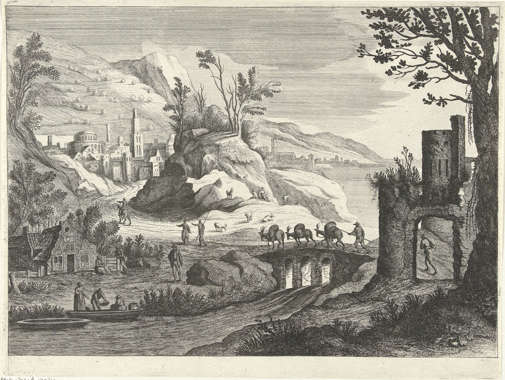 Detail of Italian landscape with face on a city, Willem van de Lande by Adriaen van Nieulandt I