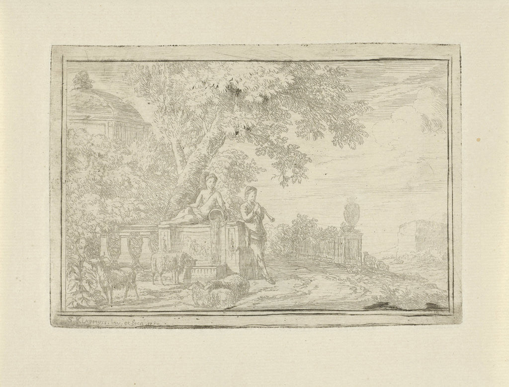 Detail of Arcadian landscape with a shepherd at a well by Simon Klapmuts